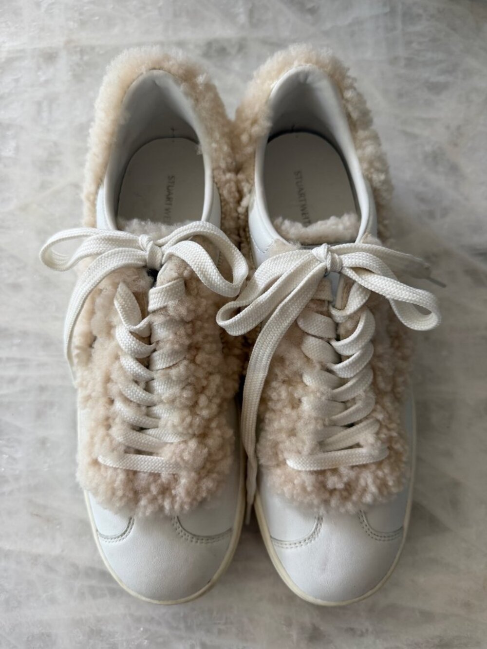 Stuart Weitzman Daryl White/Beige Sherpa Trim Leather Sneakers - Size 7.5US/38EU